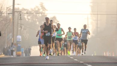 Grupo de corredores participa de uma maratona em uma rua arborizada durante uma manhã de neblina.